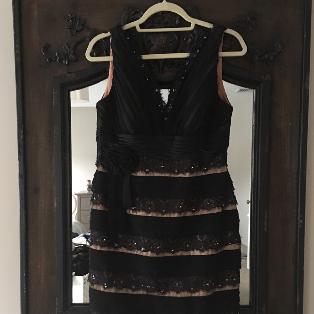 Black Jovani, silk/lace detailed cocktail dress